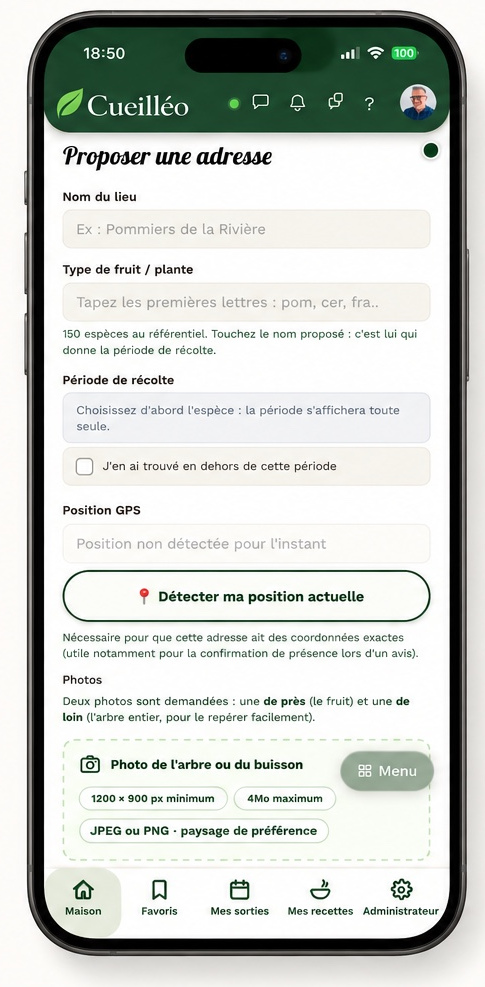 Écran Cueilléo pour proposer une adresse